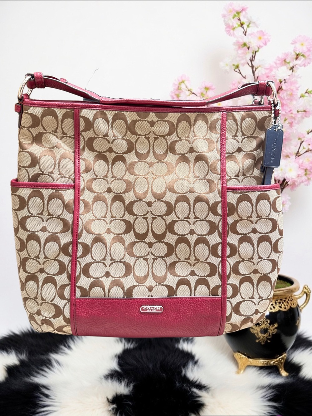 COACH PARK SIGNATURE VERMILLION TOTE/HOBO